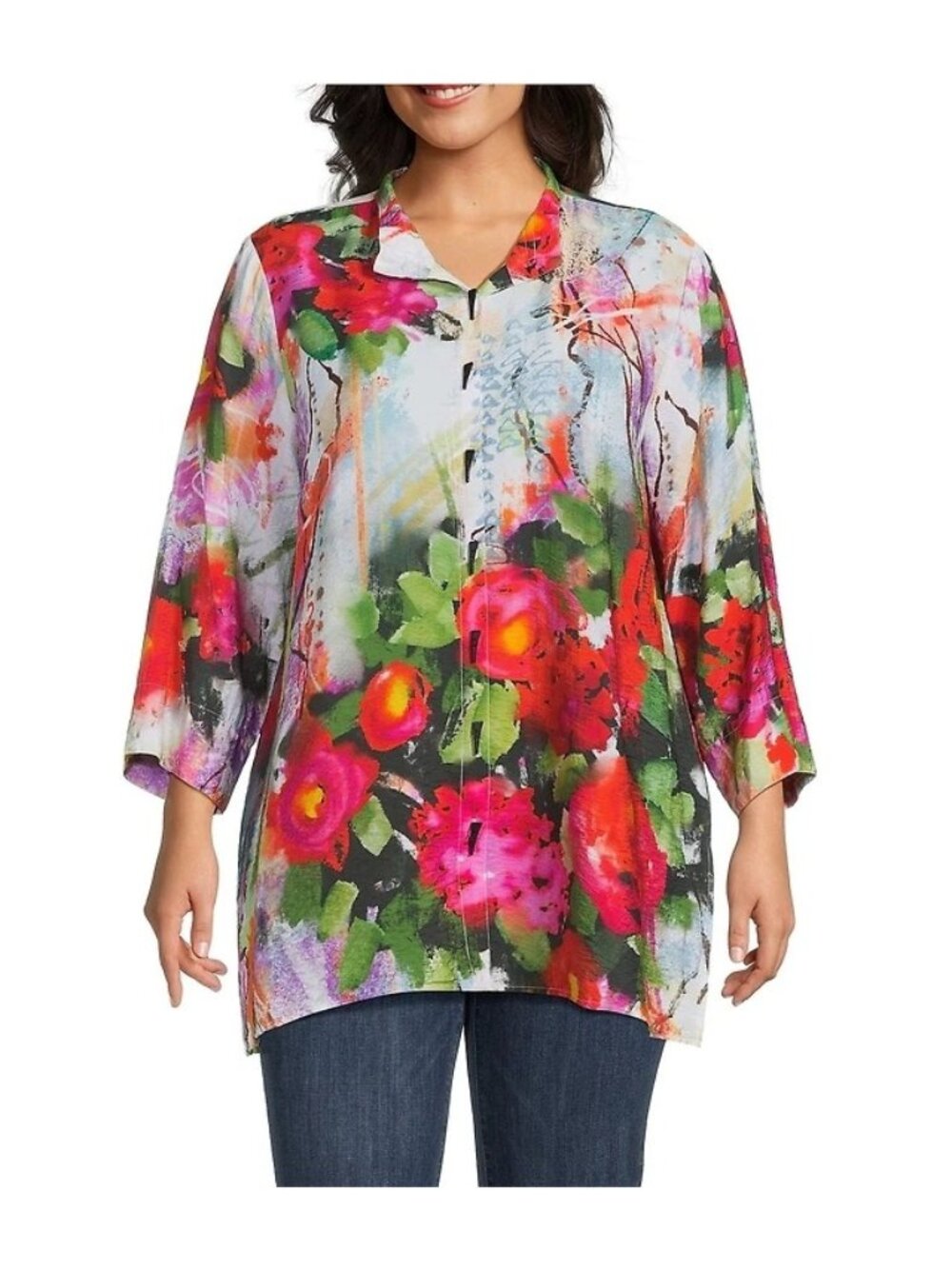 Ali Miles Tunic Top XL Woven Floral Wire Neck 3/4 Cuff Sleeve Button Artsy Boho